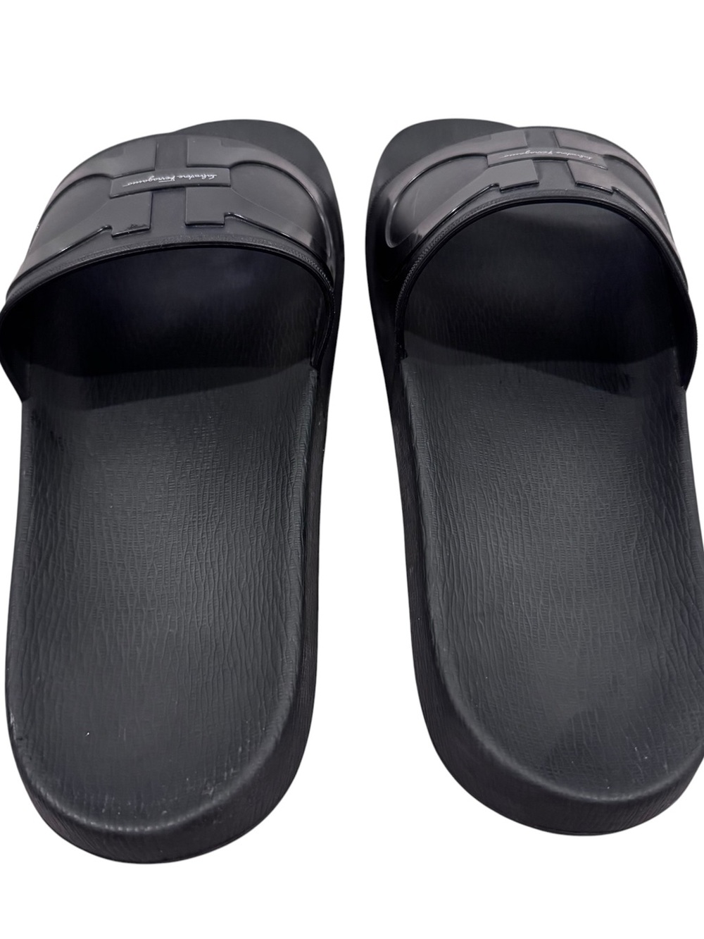 Salvatore Ferragamo Black Slide Sandals Mens Size 9 Groove 2 Rubber Gancini Logo - Picture 9 of 11